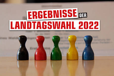 Bunte Spielfiguren mit Aufschrift "Ergebnisse der Landtagswahl"